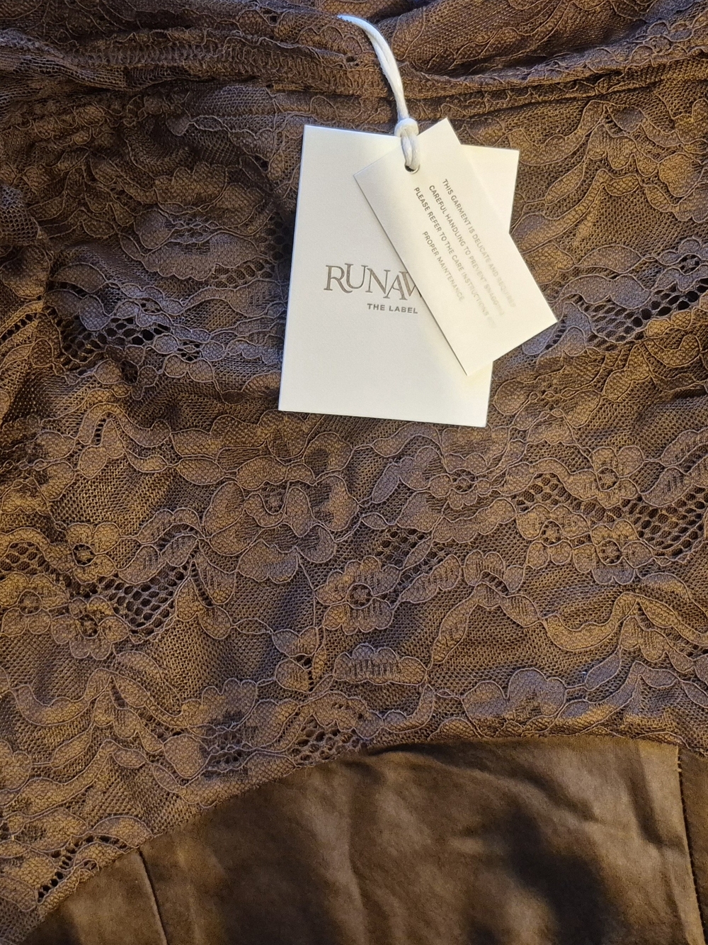 Off-Shoulder Brown Lace Bodice Maxi Dress - Picture 3 of 3